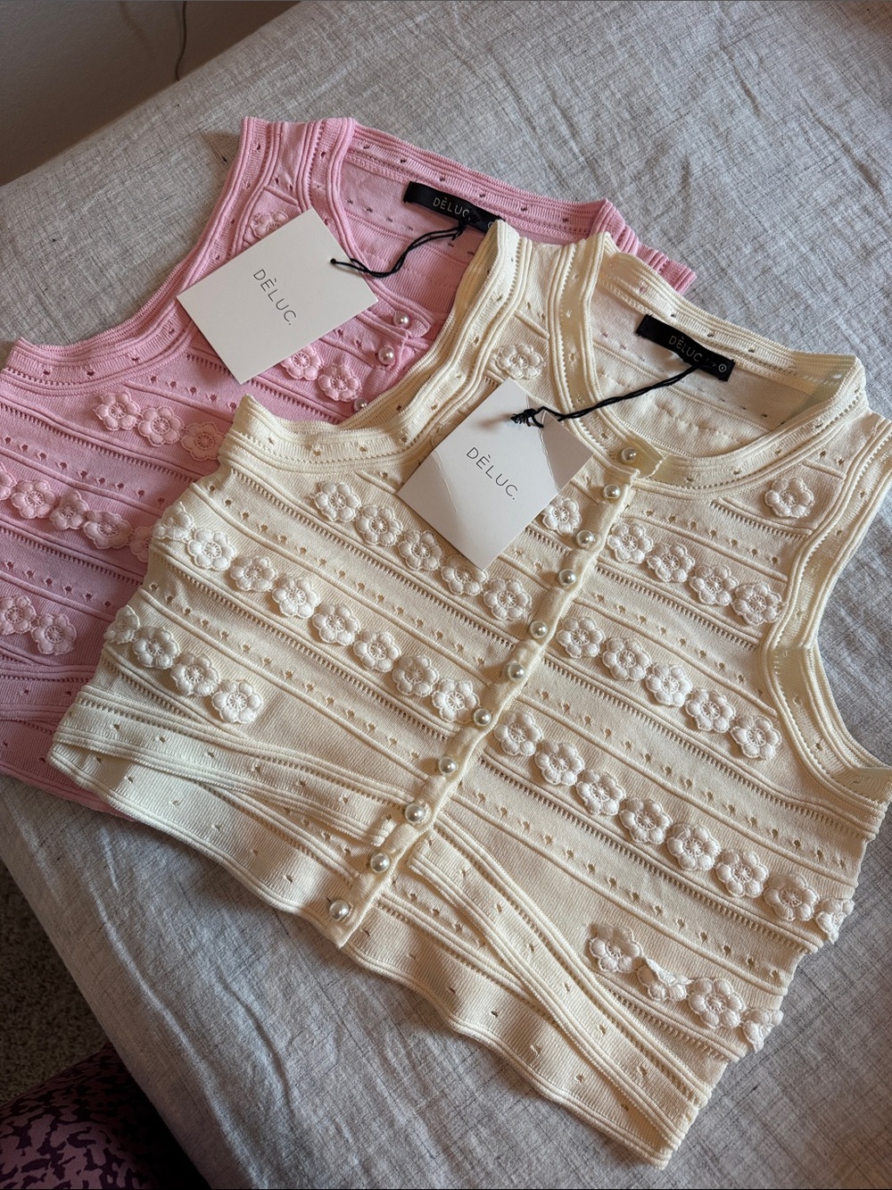 Two Deluc Floral Knit Pearl-Button Cropped Tank — Pink & Ecru